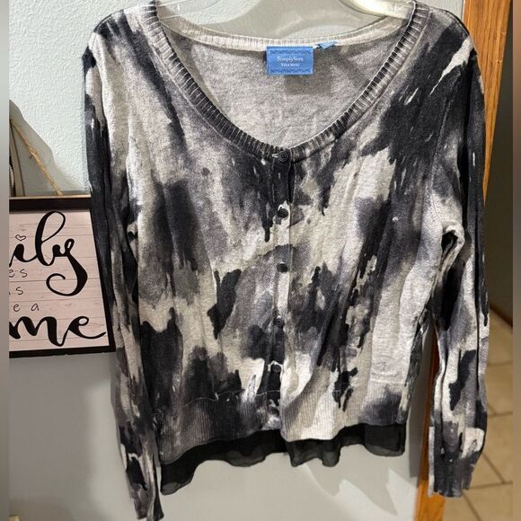 Simply Vera Vera Wang Cardigan Sweater Mesh Bottom Black Grey Multi Petite L - Picture 5 of 11